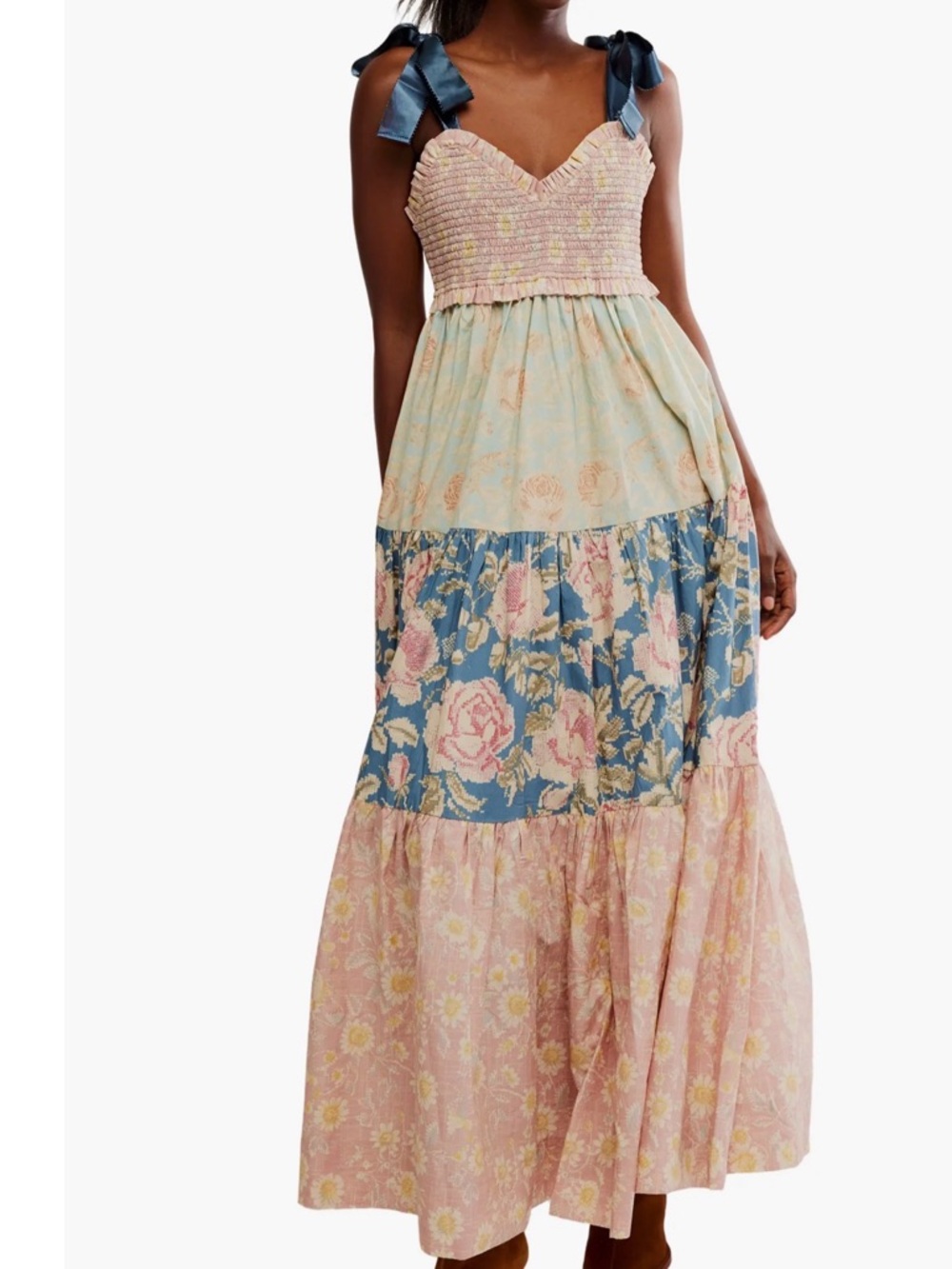 Free People Bluebell Mixed Print Cotton Maxi Dress with Ribbon Straps size small